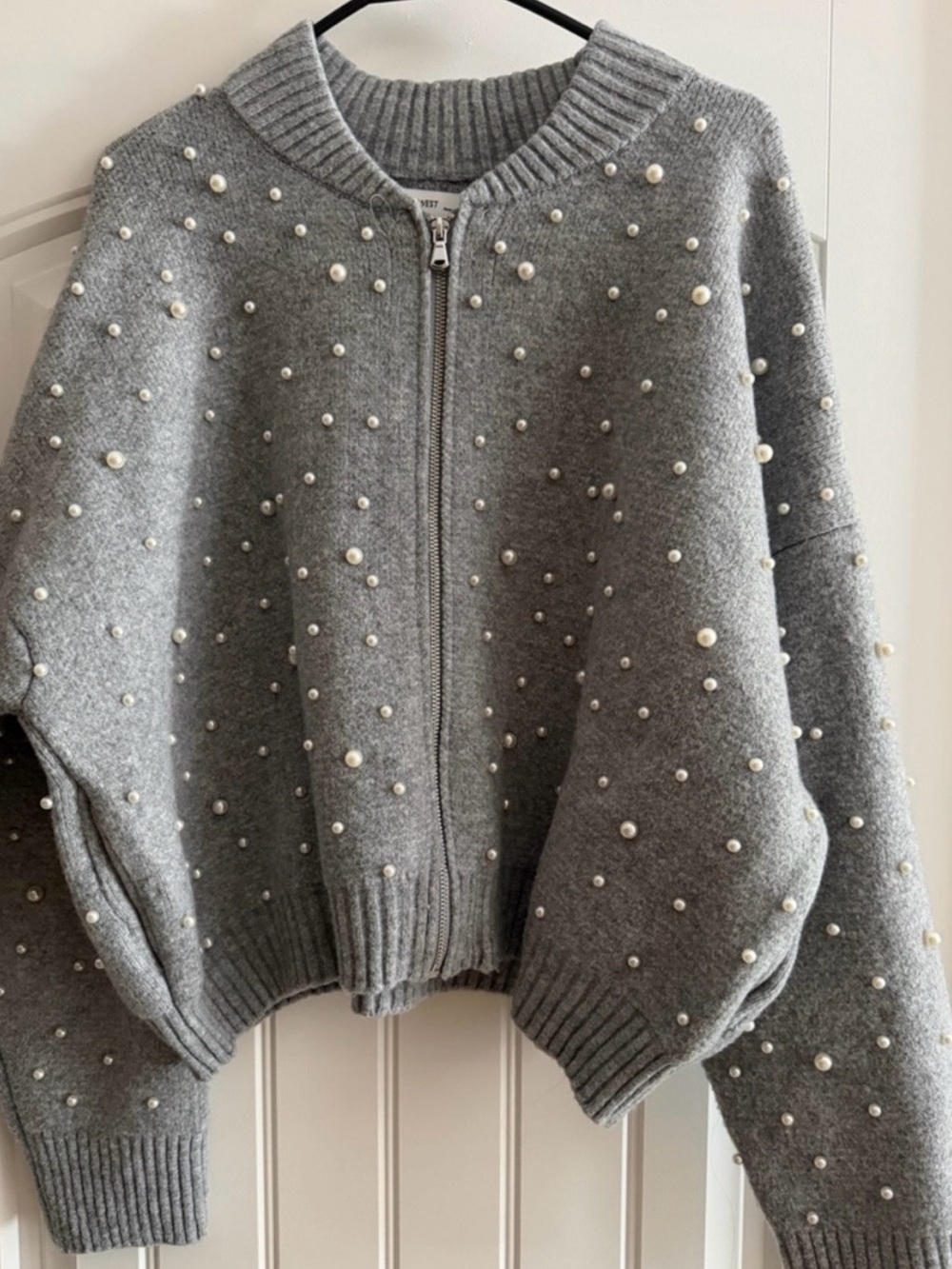 Nine West Gray Pearl Embellished Bomber Jacket